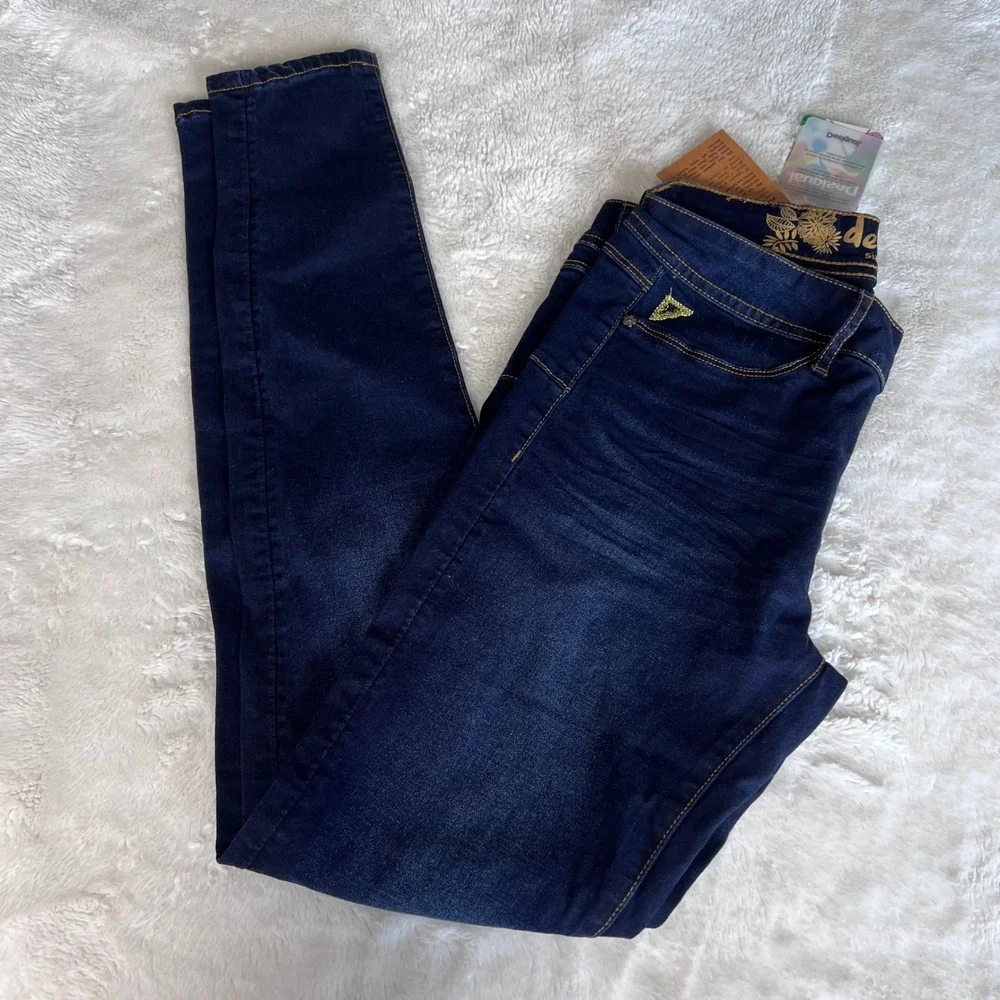Desigual‎ Denim Irati Skinny Jeans Dark Wash Embroidered Indigo 18SWDD61 Size 3